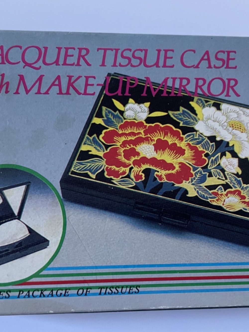 Vintage Lacquer Tissue Case Makeup Mirror Flower Print New in Box Vanity Gift